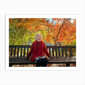 Elderly Woman Radiating Joy Seated On A Rustic Wooden Bench In A Lush Park Surrounded By A Kaleido (1) 2 Art Print