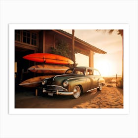 California Dreaming - Vintage Car Sunset Beach Art Print