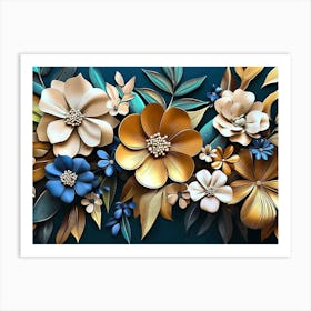 3d Colorful Flowers And Leaves Art Print