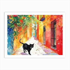 Barcelona, Spain   Black Cat In Street Art Watercolour Painting 2 Art Print