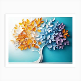 Colorful Tree With Leaves On Hanging Branches Of Blue, White And Golden 5 Art Print