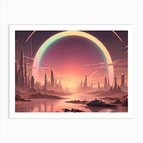 An Illustration Of A Futuristic Cityscape With A Vibrant, Rainbow Colored Archway In The Sky Art Print