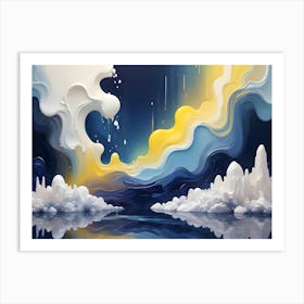 Surreal Landscape With White, Crystal Like Formations And Flowing, Abstract Waves Of Blue, Yellow, And White Paint Art Print