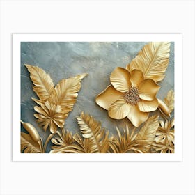 Gold Floral Plants and Palm Leaves, 3d Abstract Tropical Leaves Art Print