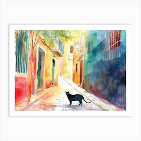 Valencia, Spain   Cat In Street Art Watercolour Painting 1 Art Print