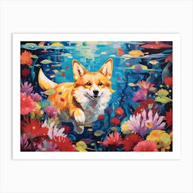 Corgi Swimming In The Sea Art Print