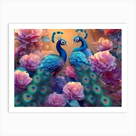 Bright Color Floral with Exotic Oriental Pattern Flowers and Peacocks Art Print