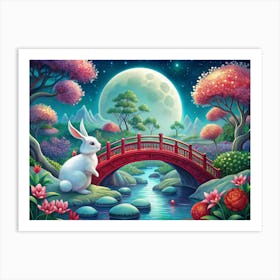 White Rabbit Sitting On A Bridge Over A Stream In A Fantasy Forest Art Print