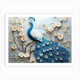 3d Peacock Artwork on Branch Art with Flowers Art Print