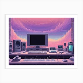 Retro Computer Setup With Pixel Art Cityscape On Monitor Art Print