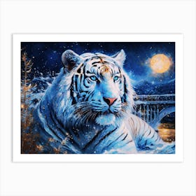 White Tiger Emerge Form River at Night Quality Impressionism Abstract Brushstroke Color Painting Art Print