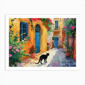 Rhodes, Greece   Cat In Street Art Watercolour Painting 1 Art Print