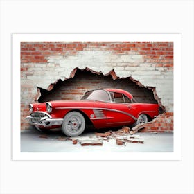 Art 3d Broken Wall Bricks And A Classic Red Car Art Print