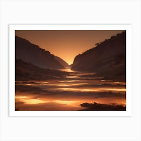 A Digital Painting Of A Serene, Golden Landscape With Mountains, A River, And A Glowing Sunset Art Print