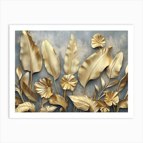 Gold Floral Plants And Palm Leaves 3d Illustration, Grey Background, Abstract Tropical Leaves, Banana Leaves Art Print