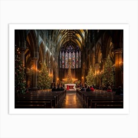 A Christmas Eve Service In A Candlelit Gothic Cathedral Illuminated Pews Leading To The Altar Prepa (7) Art Print