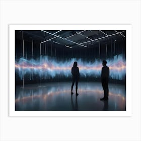 Two Figures In Silhouette Stand In A Futuristic, Empty Room Illuminated By A Large Display Of Abstract, Glowing Light Patterns Resembling Sound Waves Or Data Art Print