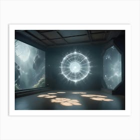 A 3d Render Of A Dark Room With A Large, Glowing Orb In The Center, Surrounded By Windows With Views Of A Fantasy Landscape Art Print