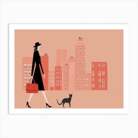 Woman Walking Her Cat Art Print