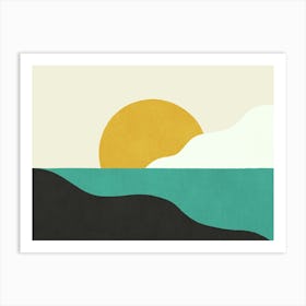Sunset Island Beach Sky Horizon Graphic Abstract Landscape Bold Vibrant Colors - Yellow Gold Green Black Art Print