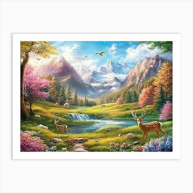 Nature Travel Lovely Countryside View Valley Meadow Beautiful Place Background with Mountains, Deer Animals, Flowers Art Print