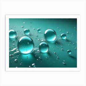 A Close Up Image Of Water Drops On A Teal Background, Creating A Minimalistic And Reflective Effect Art Print