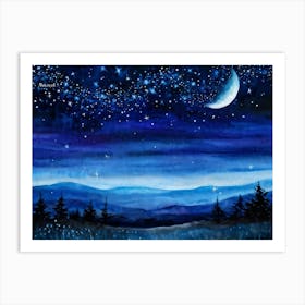 Moon Casting A Silver Glow On The Horizon Myriad Stars Twinkling Above Landscape Silhouette Agains Art Print