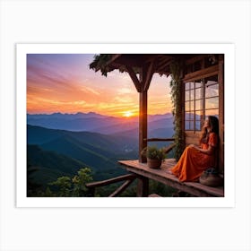 Woman Basking In The Serene Ambiance Of A Sunset Mountain Porch As Her Viewing Platform Warm Glow (1) Art Print