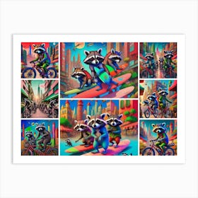 Raccoons On Bikes Art Print