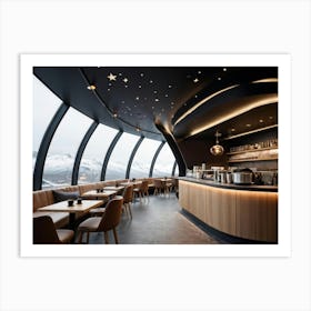 Hyper Realistic Nordic Style Coffee Shop Situated Inside An Innovative Spaceship With A View Toward Art Print