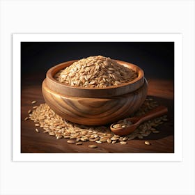 Organic Brown Rice Grains In Wooden Bowl With Spoon Art Print