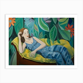 Art deco floral art. Woman In A Blue Dress Art Print