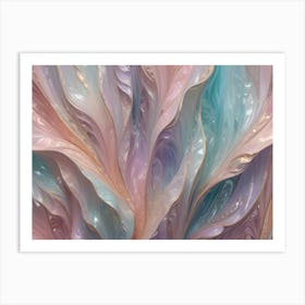 An Abstract Design Resembling Fluid, Wavy Forms Of Pink, Blue, Gold, And Green Colors With An Iridescent, Pearlescent Effect Art Print