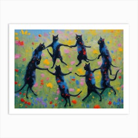 Dancing Black Cats on a Summer's Day - Colorful Flower Fields of Whimsical Black Kitties Dance - Vintage Folk Style Witchy Pagan Cool Painting Funny Humorous Witchcraft Fairytale Cat Lady Gift Birthday Love HD Art Print