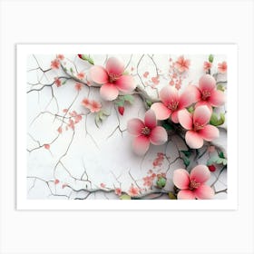 3d Cracked Wall Flowers 1 Art Print