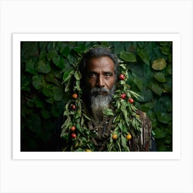 Portrait Of A Weathered Man With A Furrowed Face Standing Amidst A Myriad Of Vibrant Colored Leaves Art Print