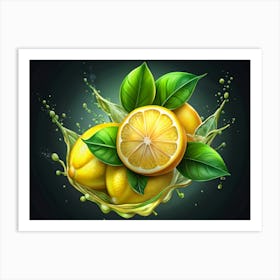 Lemons With Splash Of Juice On Green Background Art Print