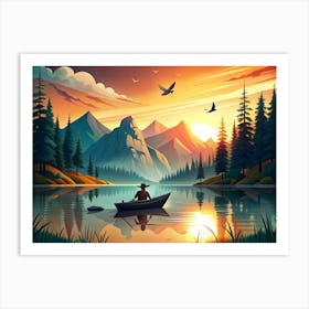 Man Rowing Boat On A Lake At Sunset Art Print