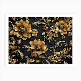 Golden Floral Background, Luxury Floral Damask with Flowers Golden and Black Elegant Leather Base Illustration Art Print