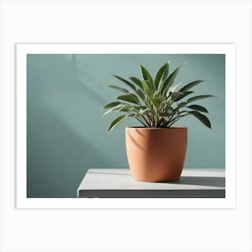 A Potted Plant With Green Leaves On A White Table Against A Blue Wall Art Print