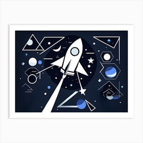 Space Rocket, Rocket wall art, Children’s nursery illustration, Kids' room decor, Sci-fi adventure wall decor, playroom wall decal, minimalistic vector, dreamy gift Art Print