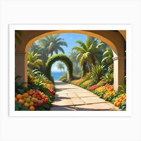 Tropical Garden Pathway With Fruit Arches And Ocean View Art Print