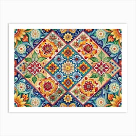 Colorful Floral Tile Pattern With Geometric Shapes Art Print