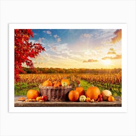 Autumnal Farm Landscape Pumpkins And Cornstalks Surround A Rustic Wooden Basket Filled With Apples Art Print