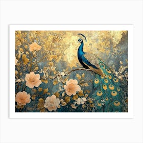 Exquisite Vintage Artistic Background With Abstract Illustrations, Floral Elements, Peacocks And Gold Accents Art Print