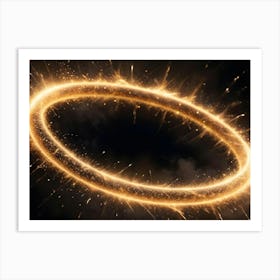 A Glowing Gold Ring With A Sparkling Texture, Surrounded By Smoke Or Mist, Against A Black Background Art Print