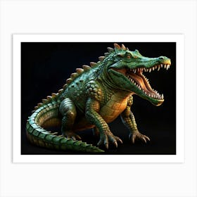 Green Crocodile With Open Mouth On Black Background Art Print