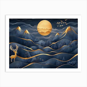 3d Blue Night Landscape With Dark Mountains, Golden Tree And Gold Waves Art Print