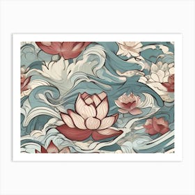 Lotus Flowers In Water Waves -Abstract Color Painting Art Print