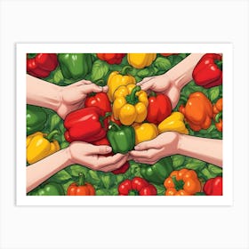 Hands Holding Colorful Bell Peppers Surrounded By More Peppers And Green Leaves Art Print